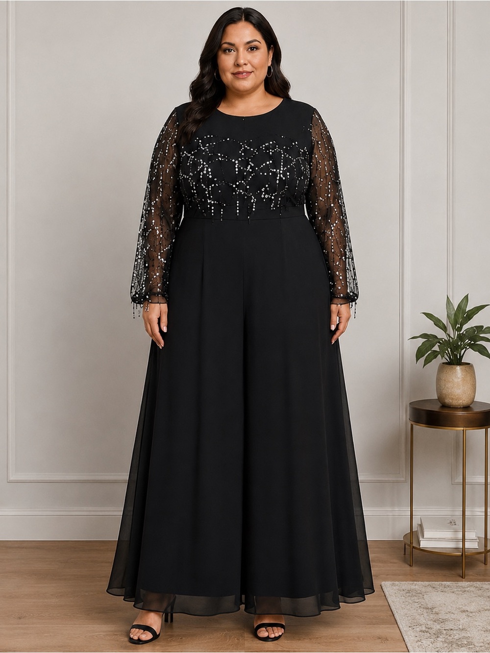 Elegant Black Sequin-Embellished Jumpsuit Dress - Size 4XL BNWOT